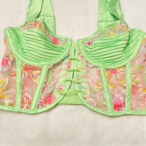 New! For Love And Lemons electric fields Green Floral Lace Bra 1868 - Picture 3 of 11